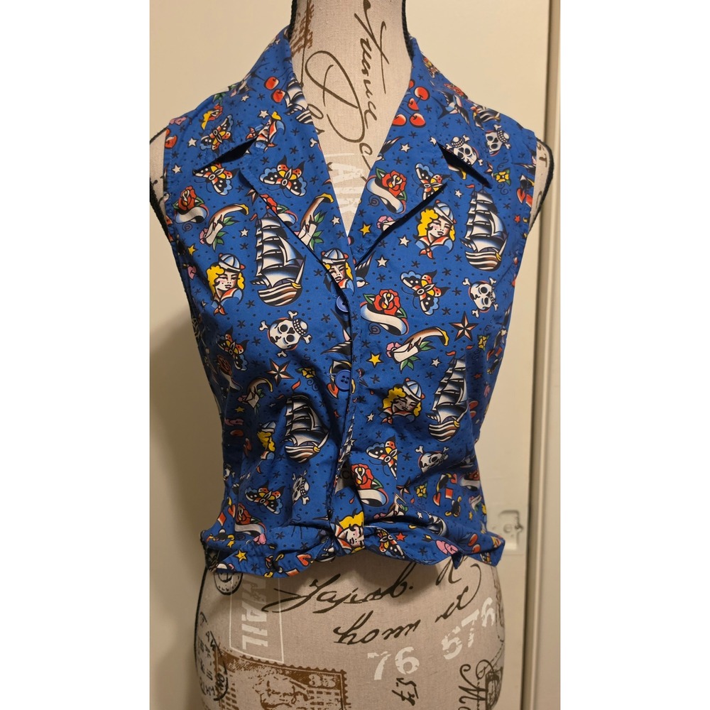 ModCloth Blue Sailor Tattoo Print Sleeveless Tie Front Top Rockabilly Small
